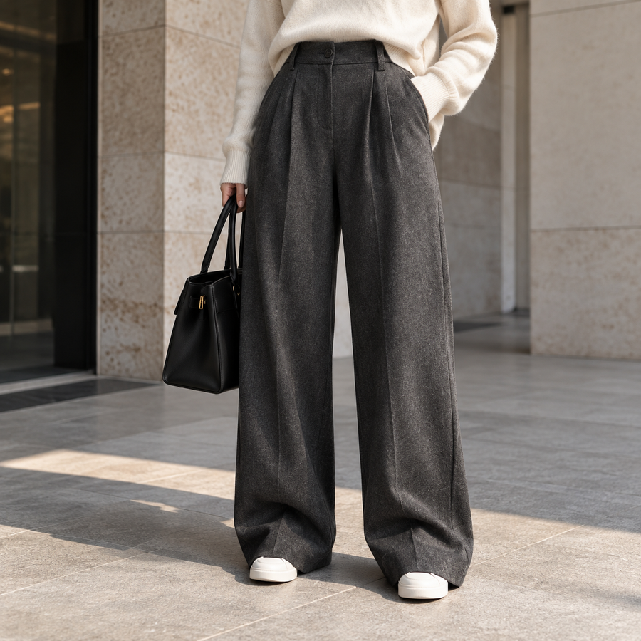 Wide-Leg Pleated Wool-Blend Trousers