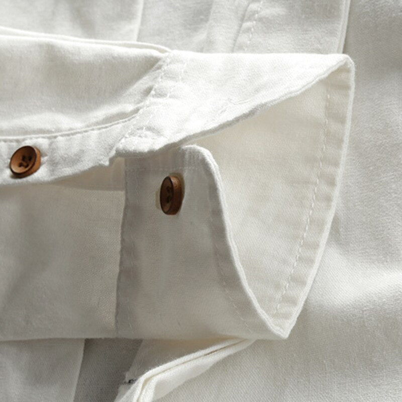 Cotton-Linen Band-Collar Shirt