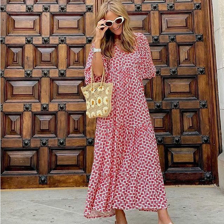 Printed Three-Quarter-Sleeve Maxi Dress