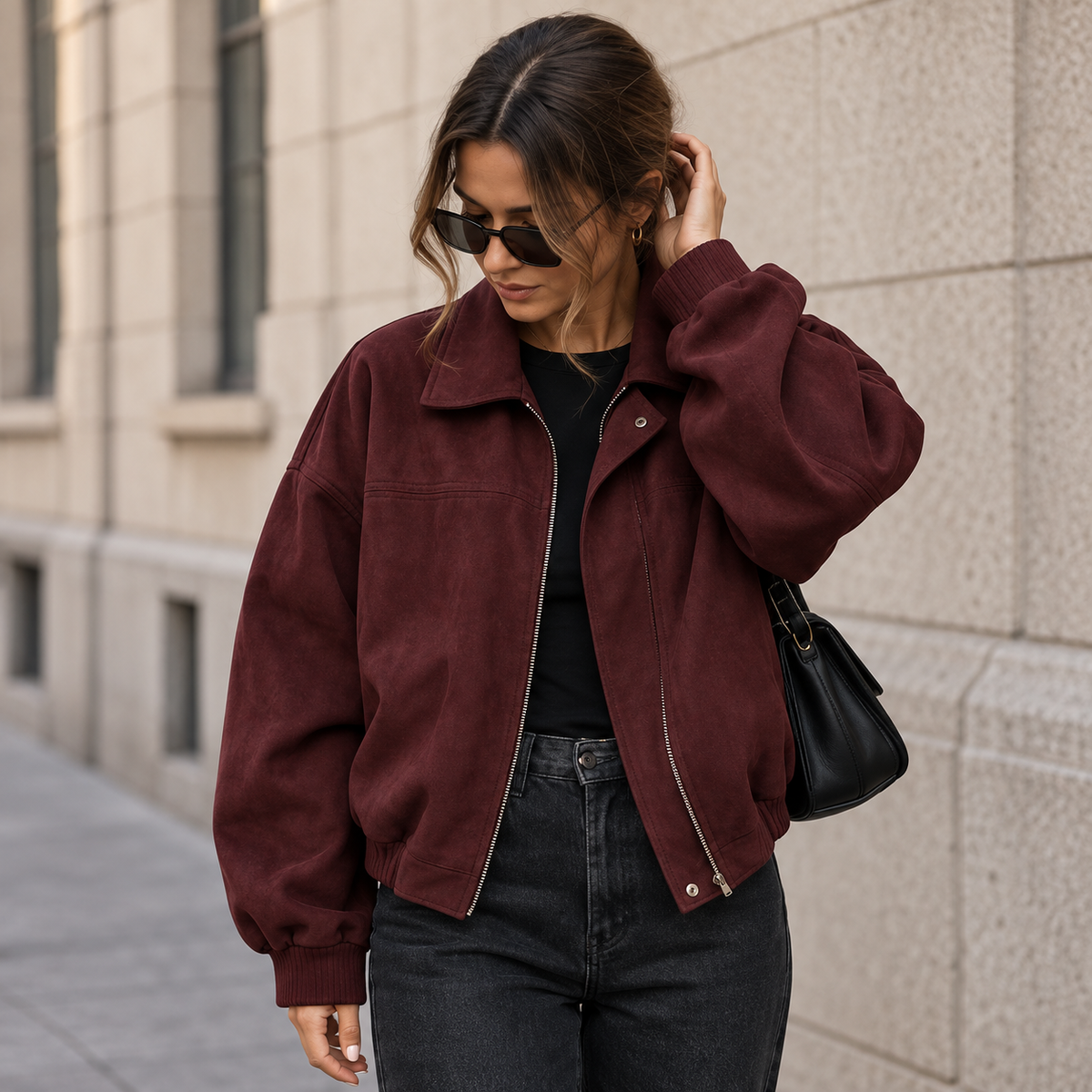 Suede-Look Relaxed Bomber Jacket