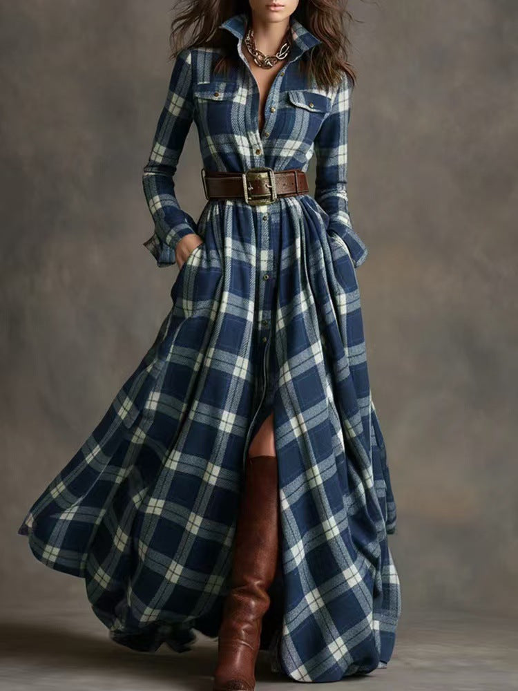 Asymmetric Plaid Long Dress