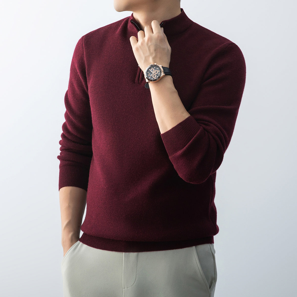Fleece-Lined Zip-Neck Sweater