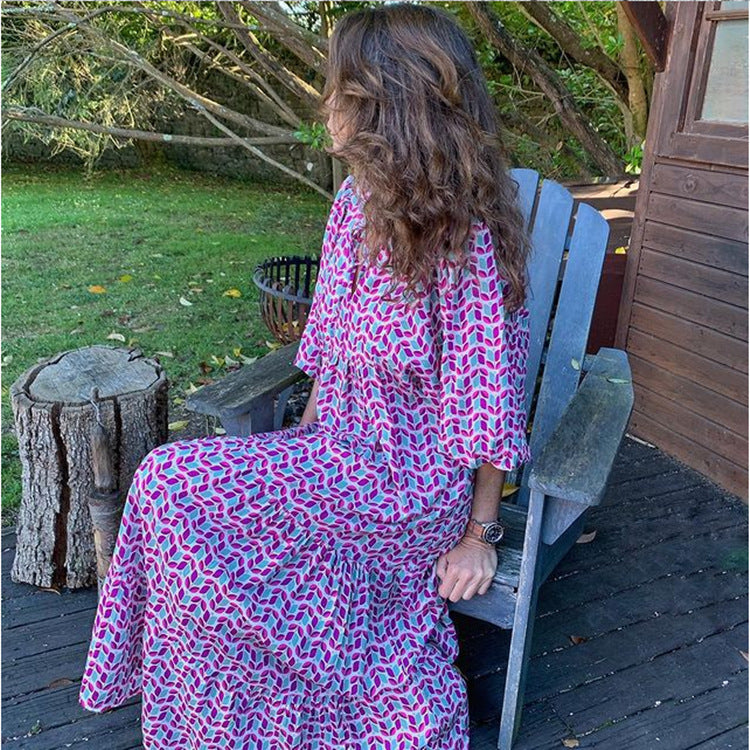 Printed Three-Quarter-Sleeve Maxi Dress