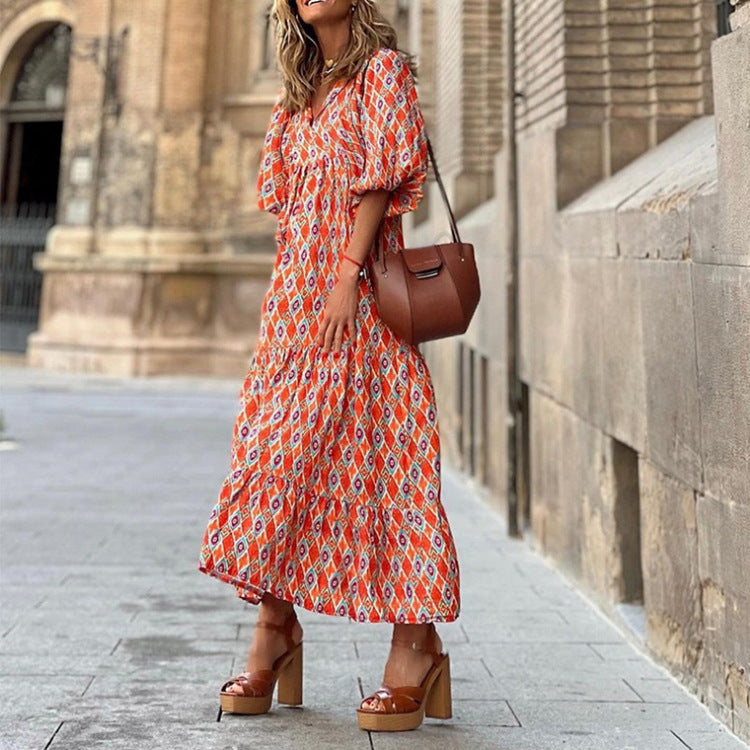 Printed Three-Quarter-Sleeve Maxi Dress