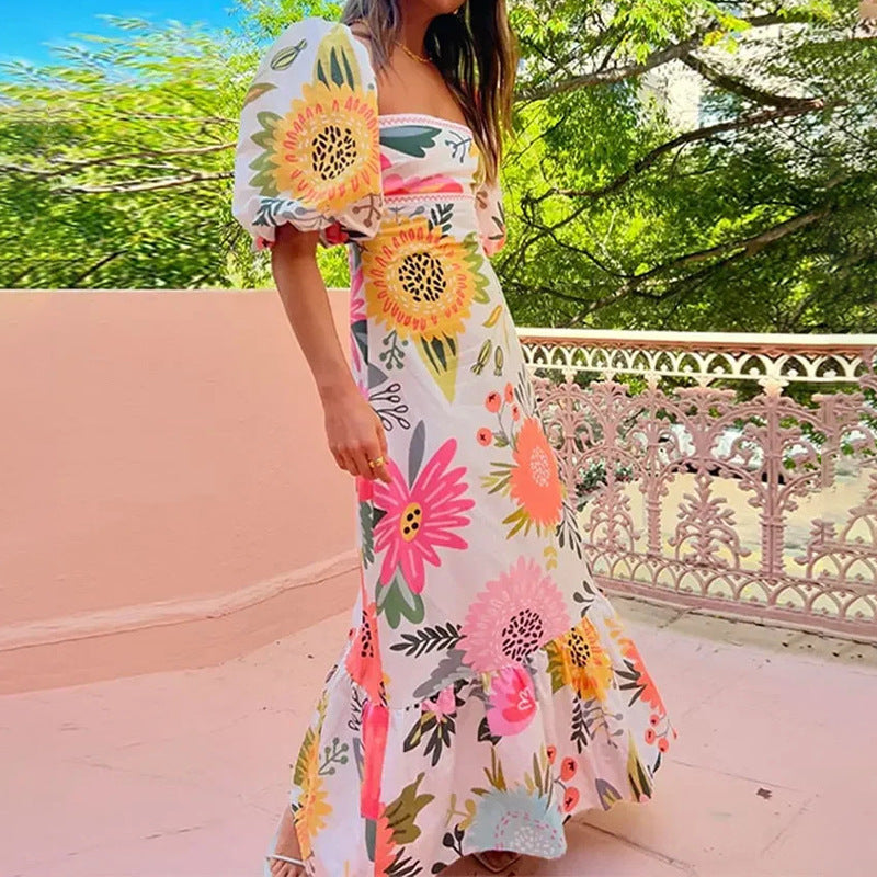 Floral Square-Neck Puff-Sleeve Dress