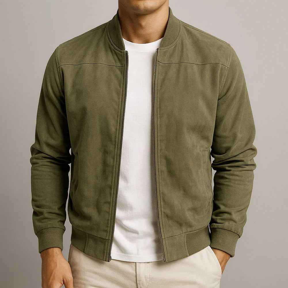 Suede Zip-Front Bomber Jacket