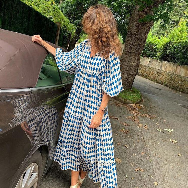 Printed Three-Quarter-Sleeve Maxi Dress