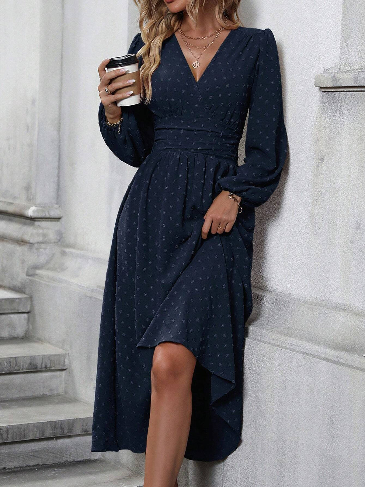 Pleated-Waist Lantern-Sleeve Maxi Dress