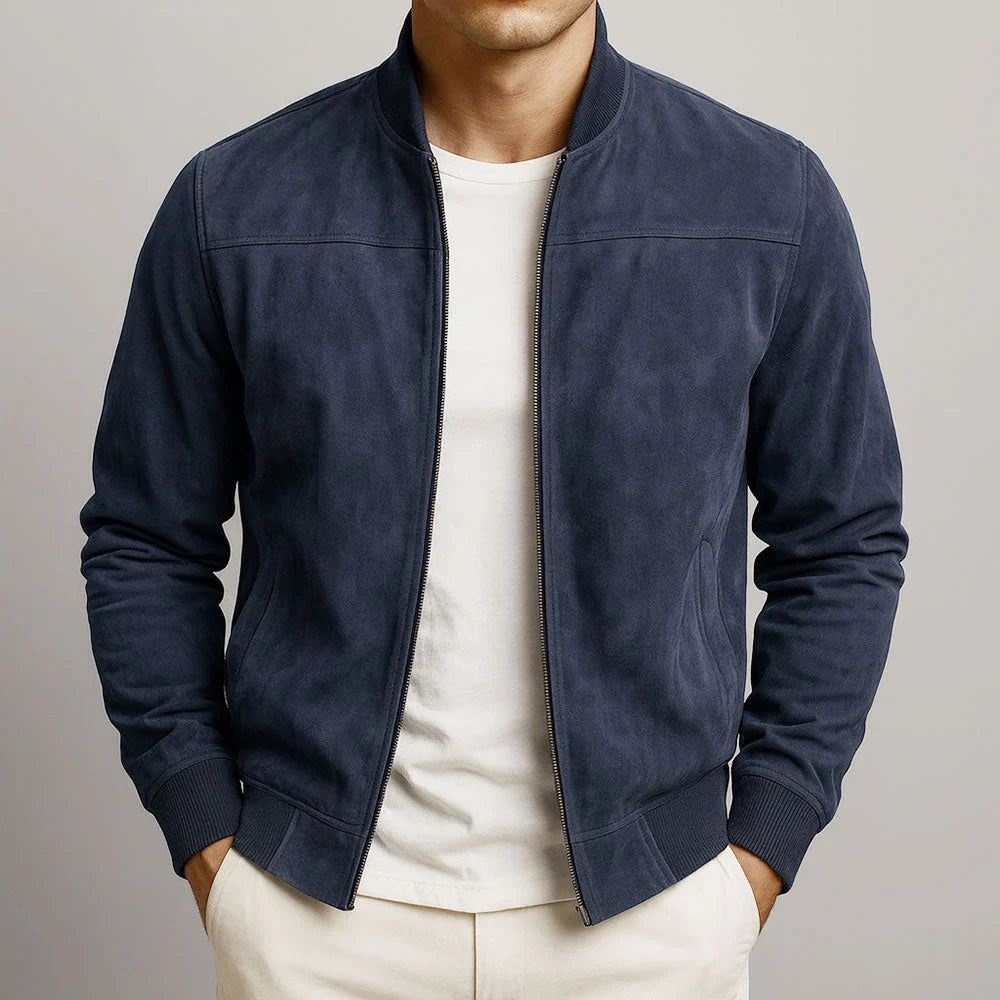 Suede Zip-Front Bomber Jacket