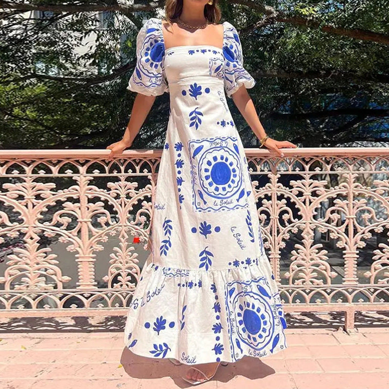 Floral Square-Neck Puff-Sleeve Dress