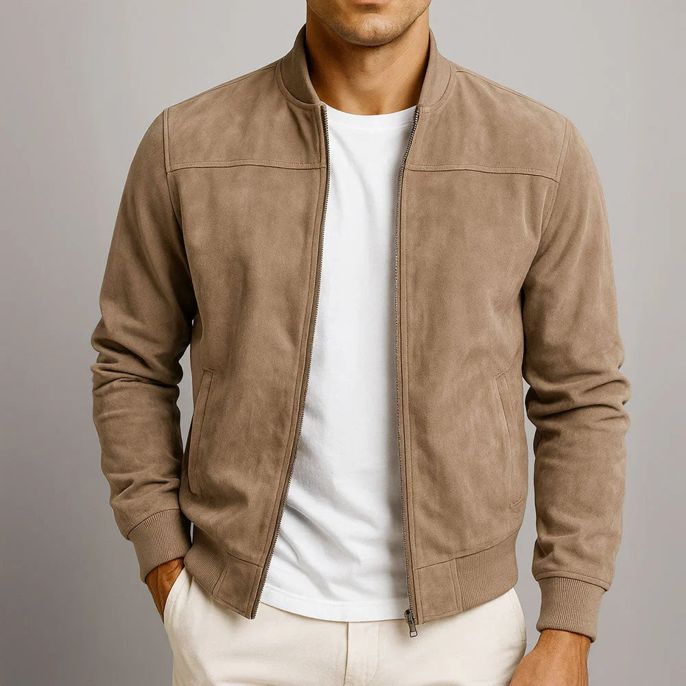 Suede Zip-Front Bomber Jacket