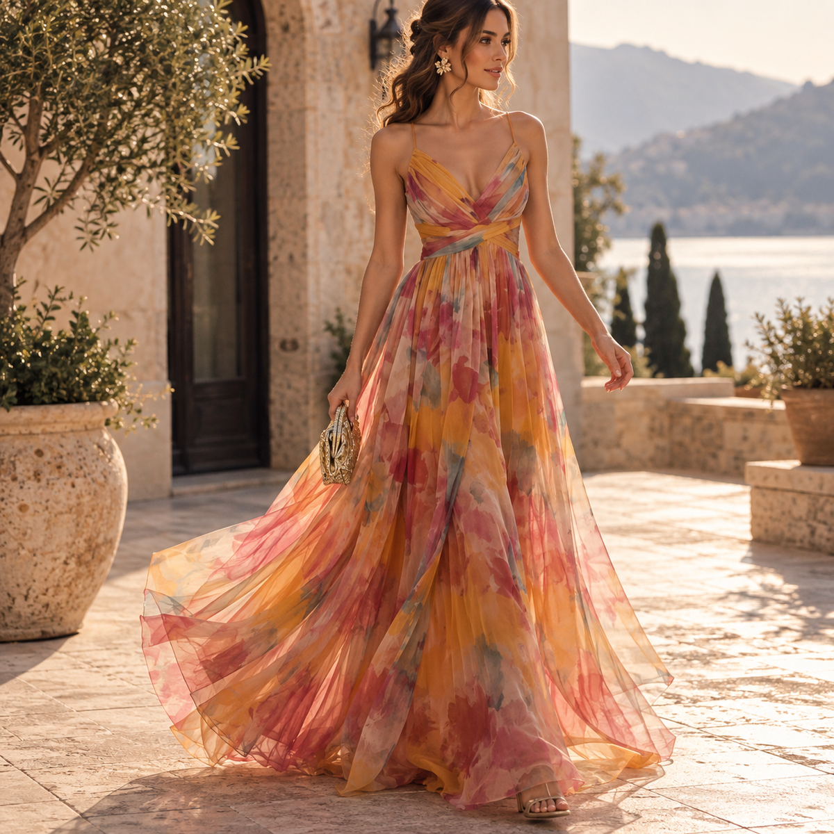 Abstract-Print V-Neck Mesh Maxi Dress