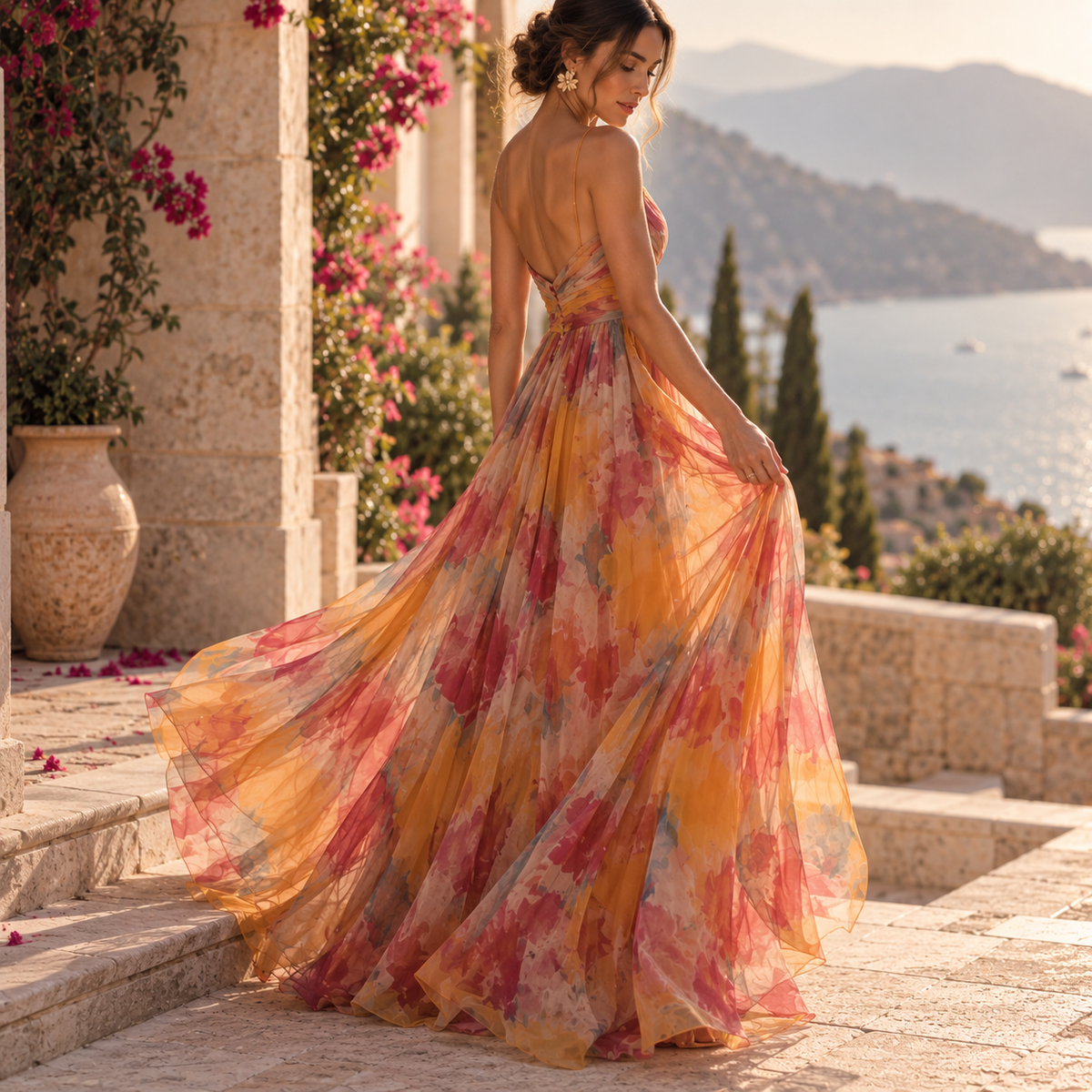 Abstract-Print V-Neck Mesh Maxi Dress