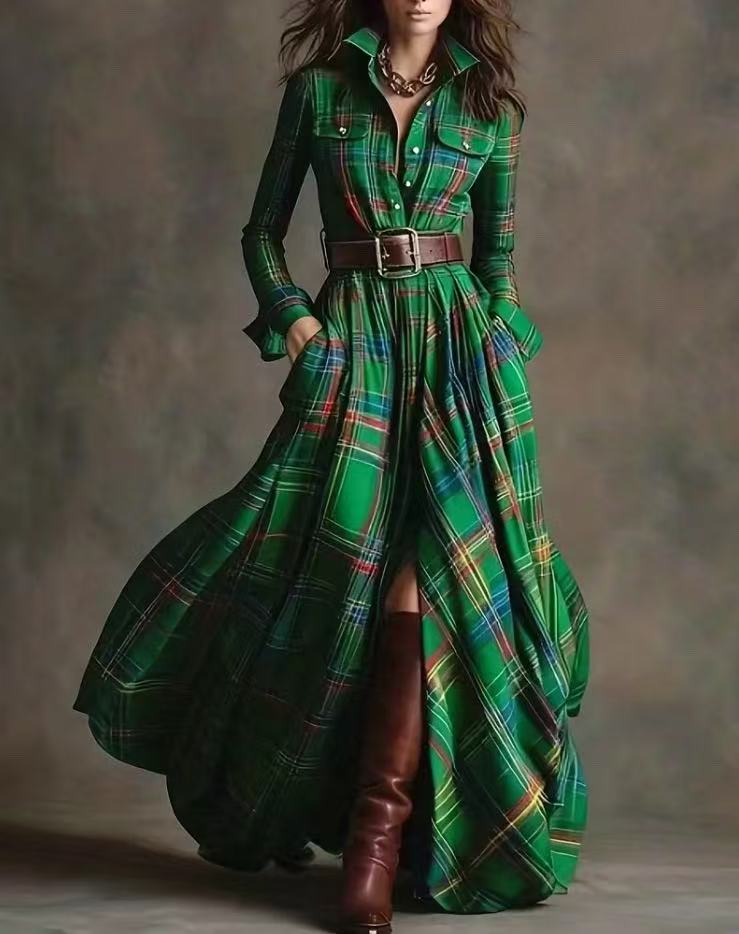 Asymmetric Plaid Long Dress