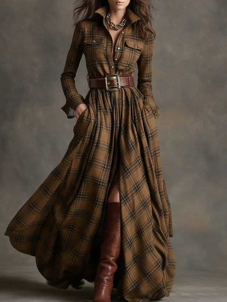 Asymmetric Plaid Long Dress