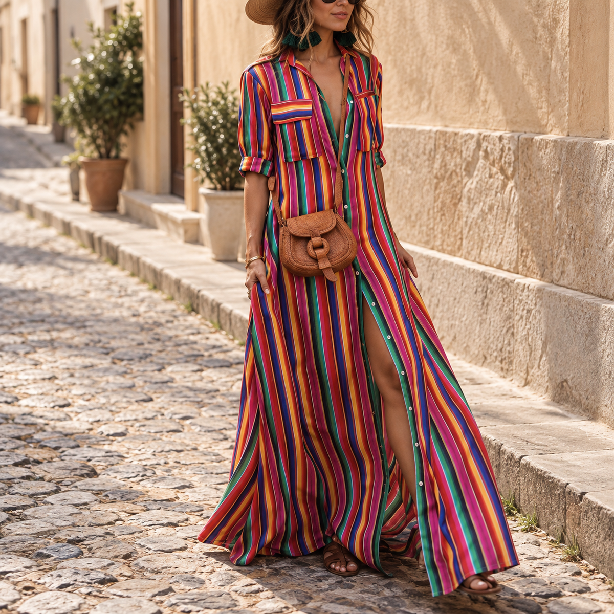 Striped A-Line Maxi Shirt Dress