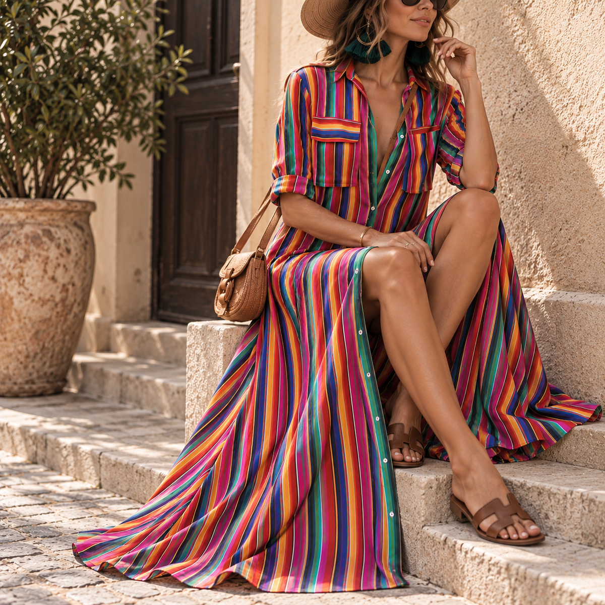 Striped A-Line Maxi Shirt Dress