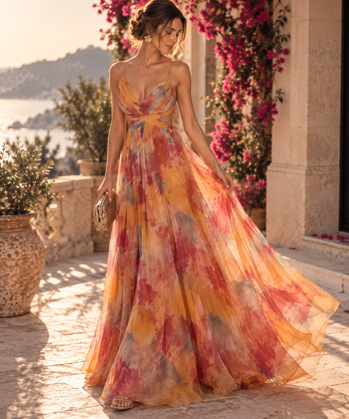 Abstract-Print V-Neck Mesh Maxi Dress