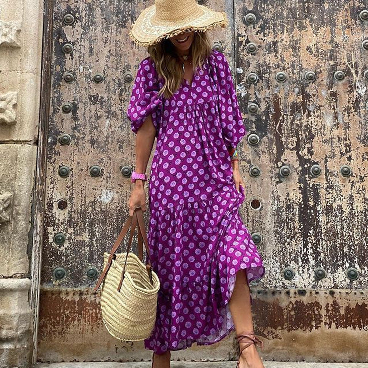 Printed Three-Quarter-Sleeve Maxi Dress
