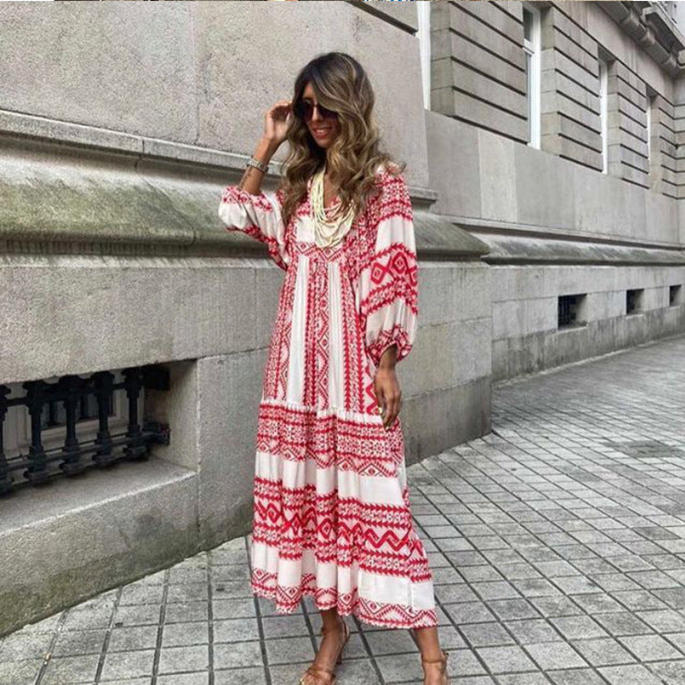 Printed Three-Quarter-Sleeve Maxi Dress