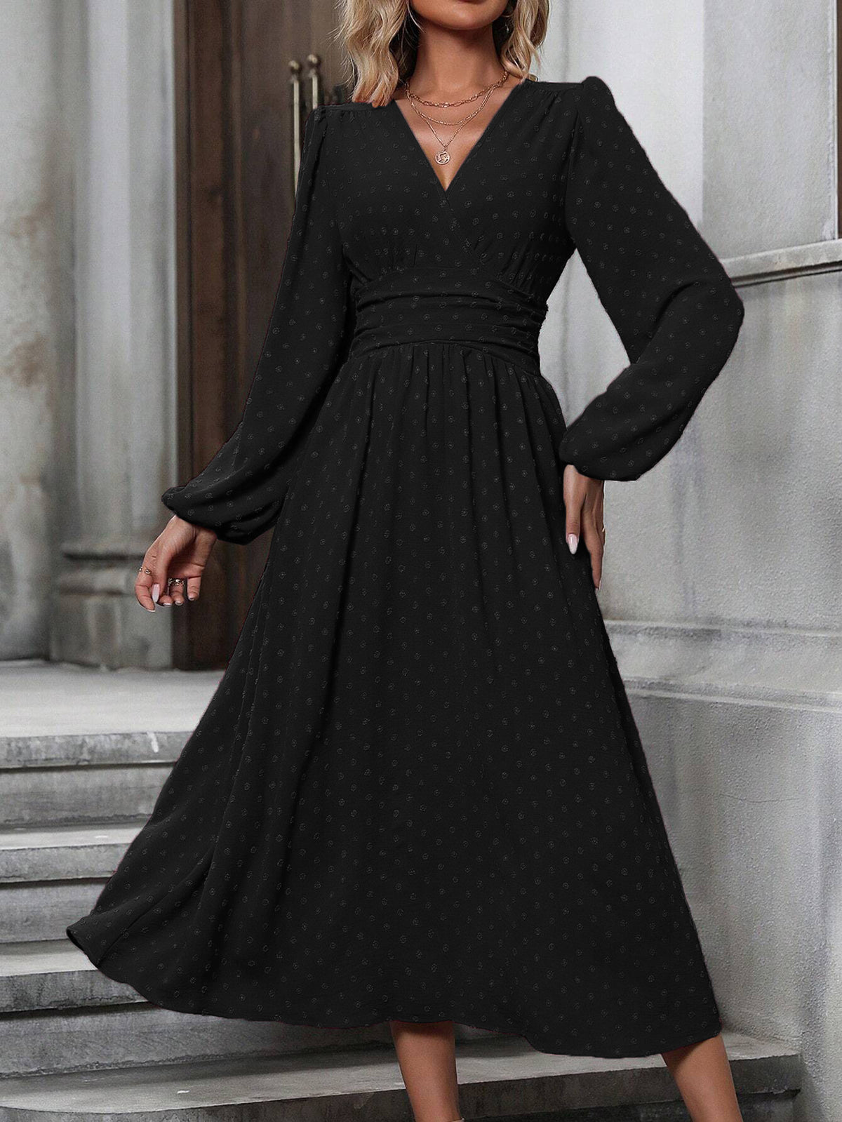 Pleated-Waist Lantern-Sleeve Maxi Dress