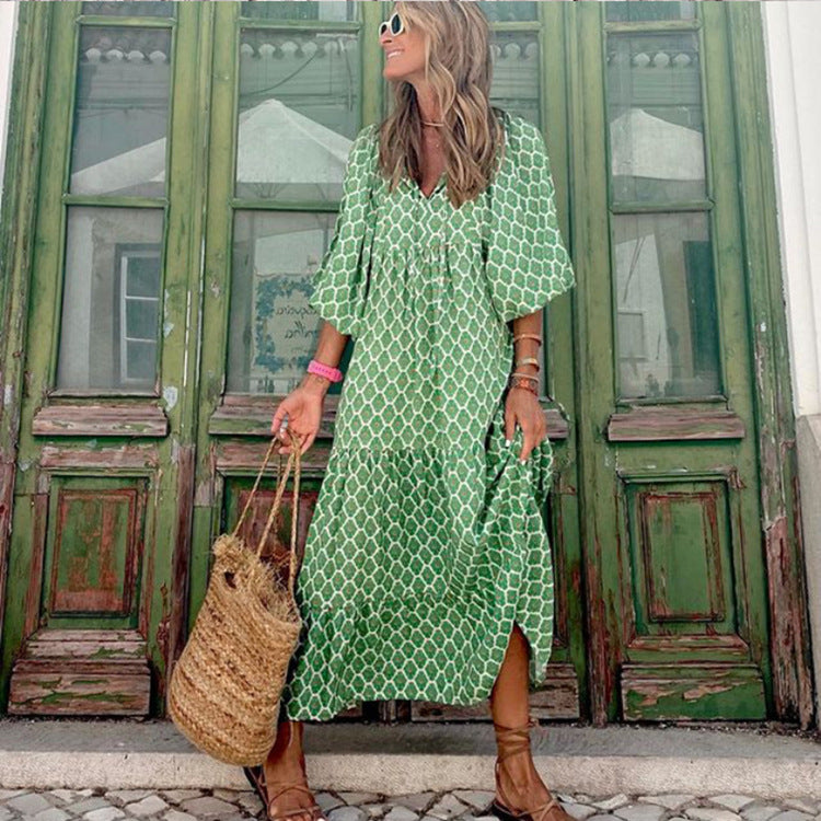 Printed Three-Quarter-Sleeve Maxi Dress