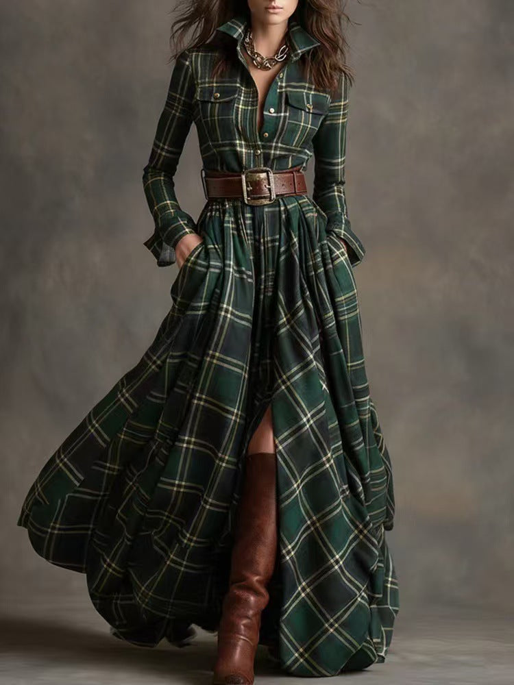 Asymmetric Plaid Long Dress
