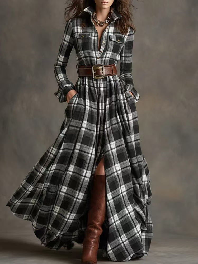 Asymmetric Plaid Long Dress