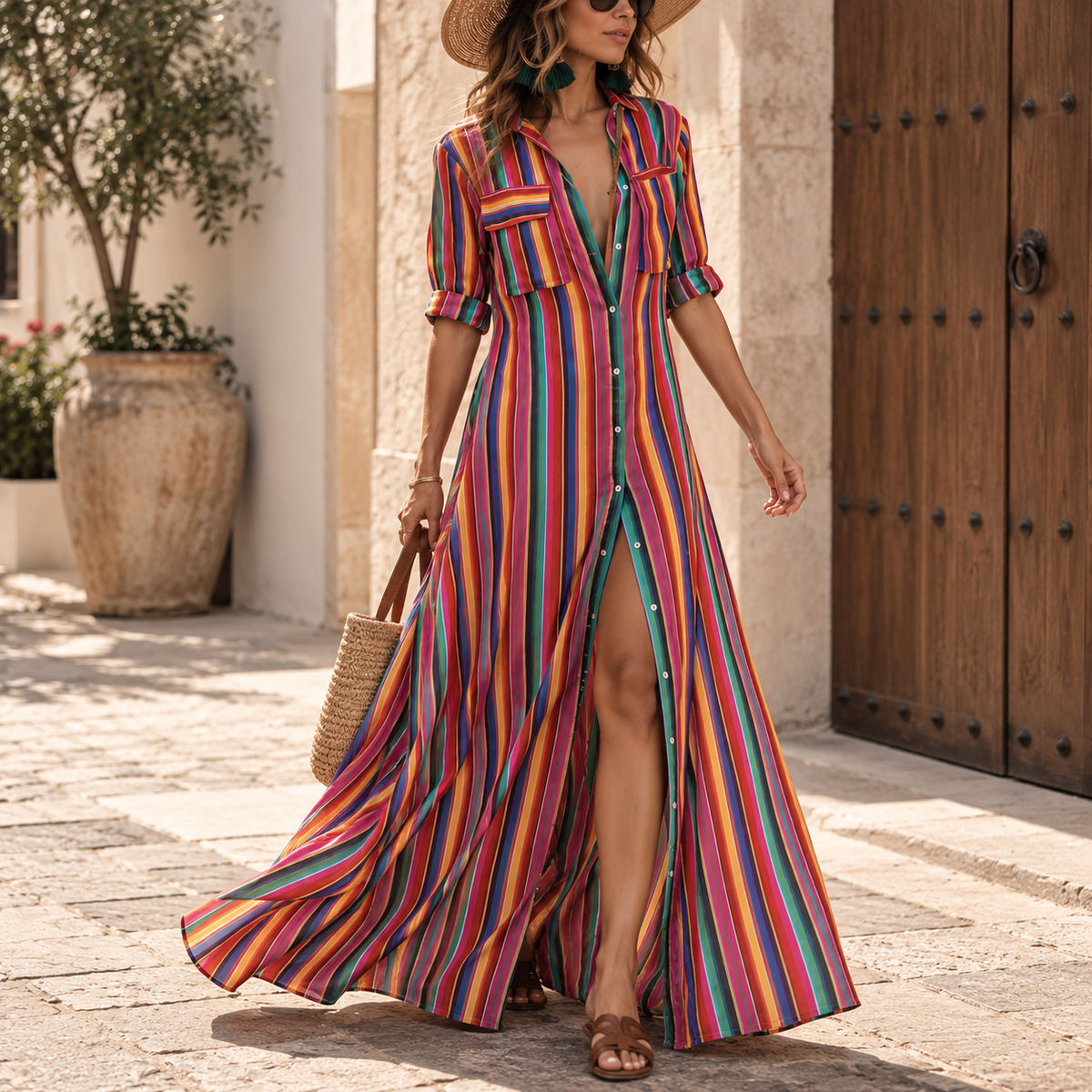 Striped A-Line Maxi Shirt Dress
