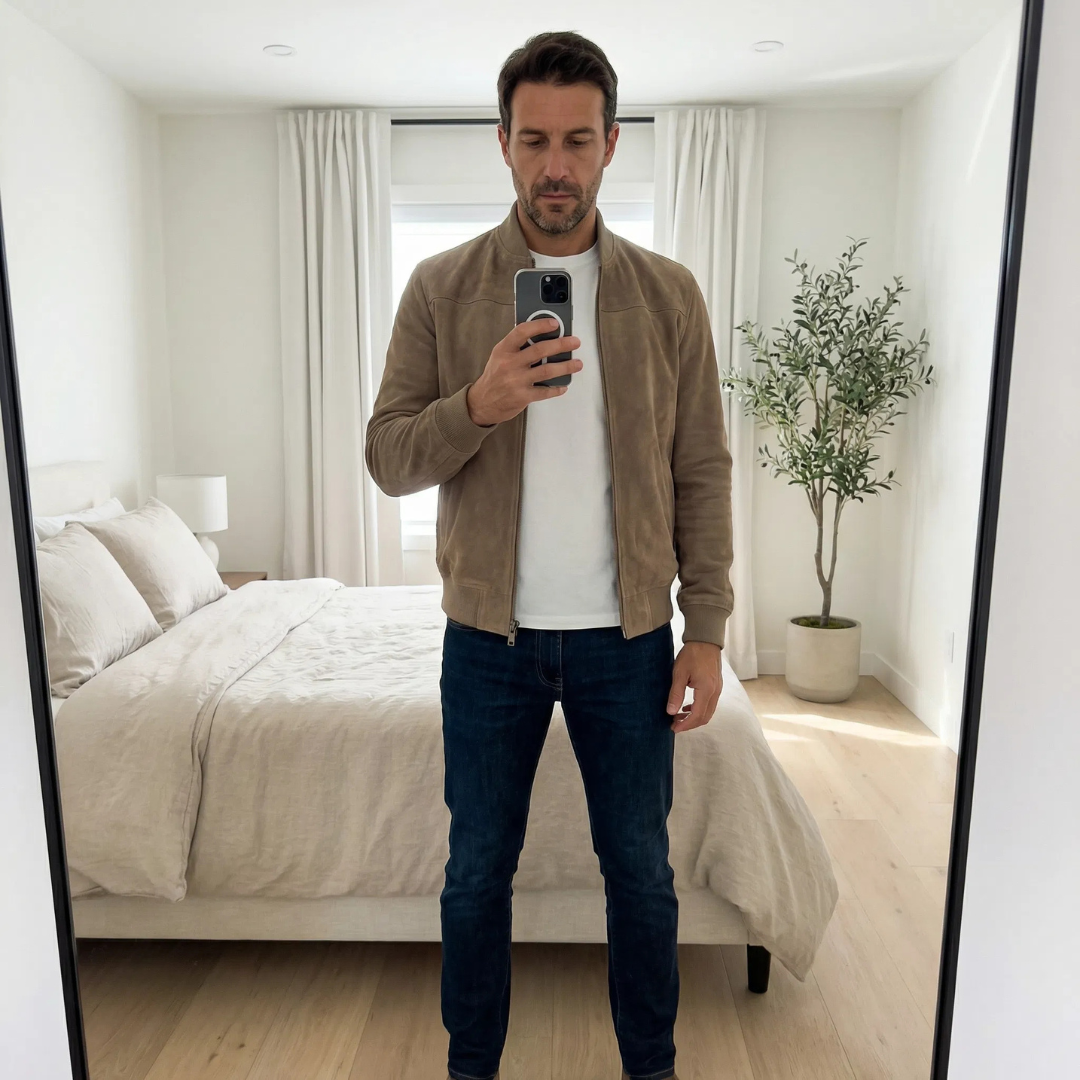 Suede Zip-Front Bomber Jacket