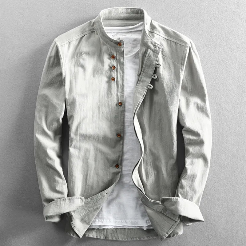 Cotton-Linen Band-Collar Shirt
