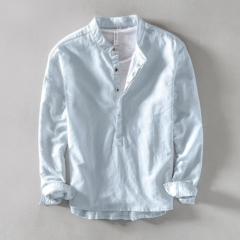 Linen Band-Collar Shirt