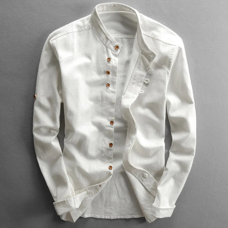 Cotton-Linen Band-Collar Shirt