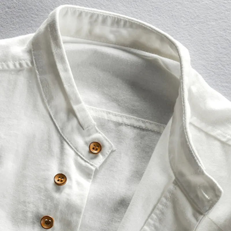 Cotton-Linen Band-Collar Shirt