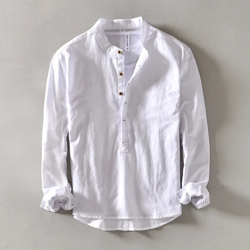 Linen Band-Collar Shirt
