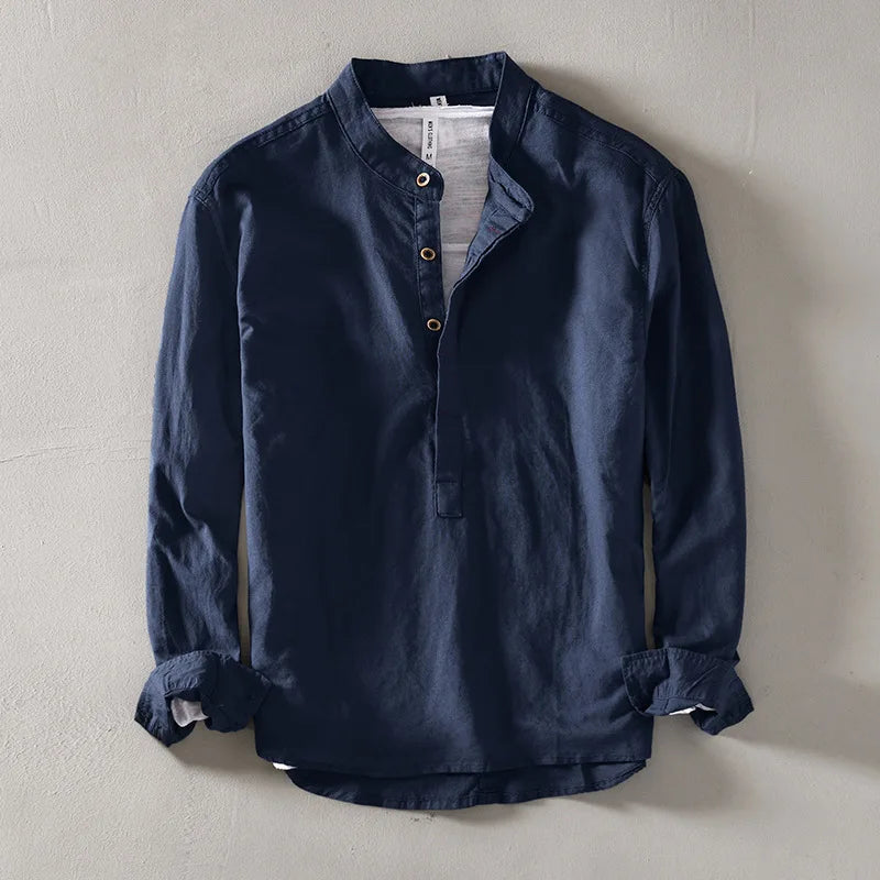 Linen Band-Collar Shirt