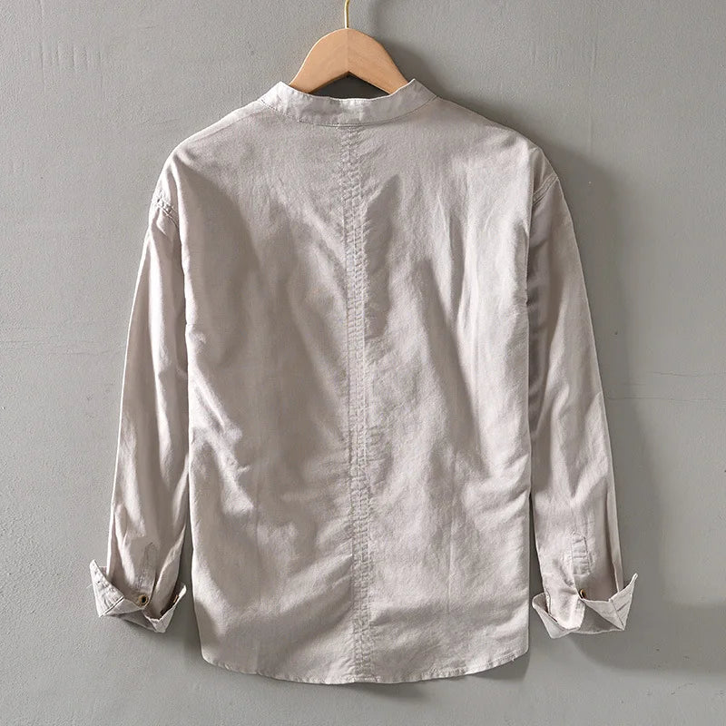 Linen Band-Collar Shirt