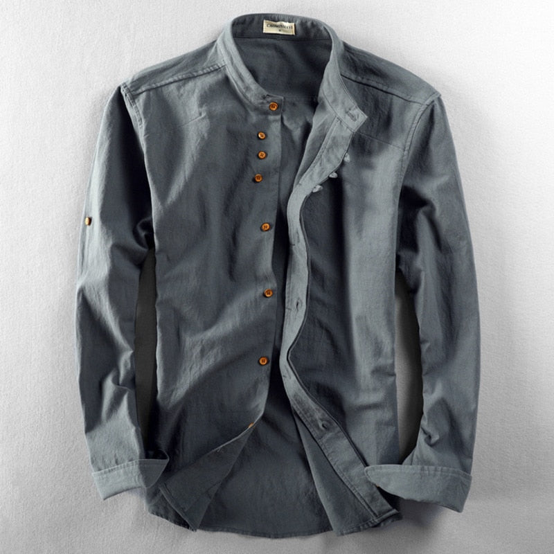 Cotton-Linen Band-Collar Shirt