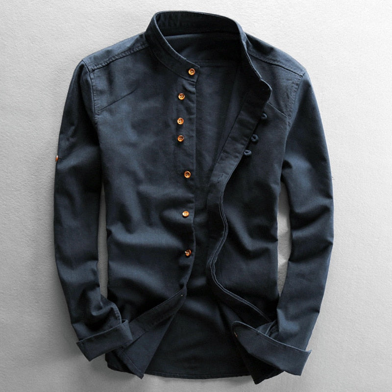 Cotton-Linen Band-Collar Shirt