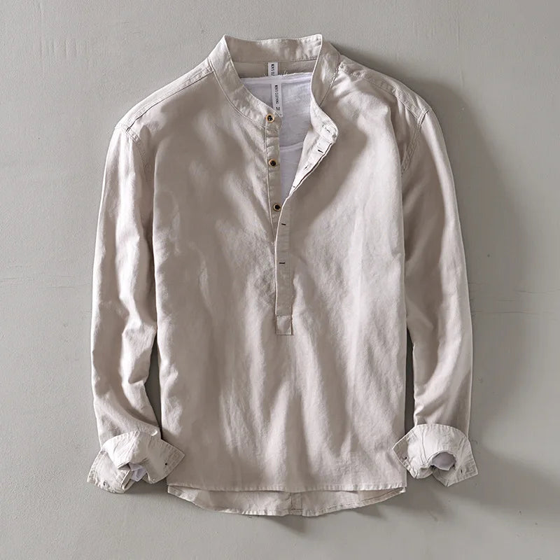 Linen Band-Collar Shirt