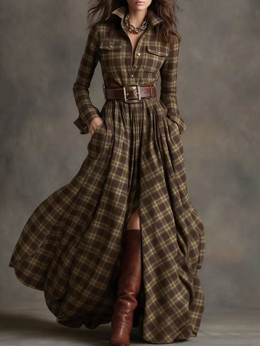 Asymmetric Plaid Long Dress