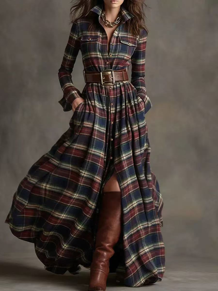 Asymmetric Plaid Long Dress