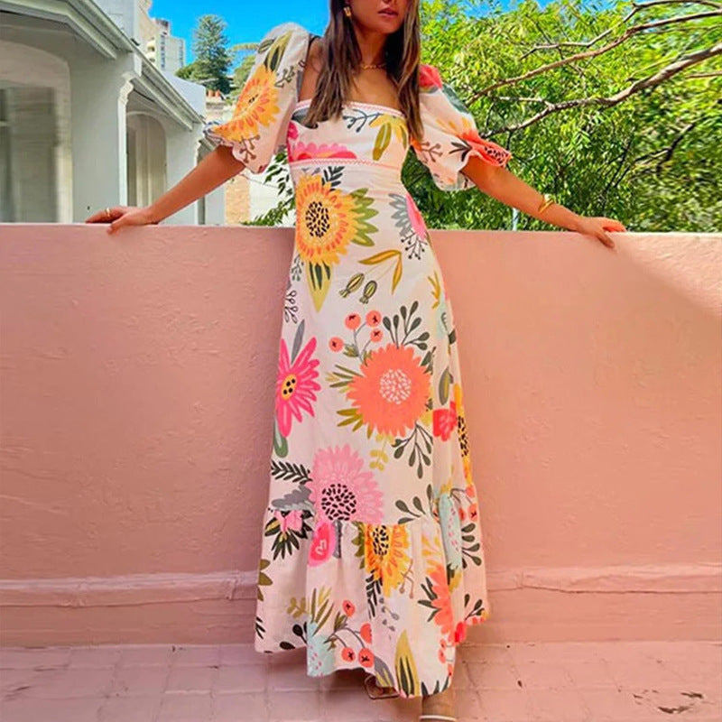 Floral Square-Neck Puff-Sleeve Dress