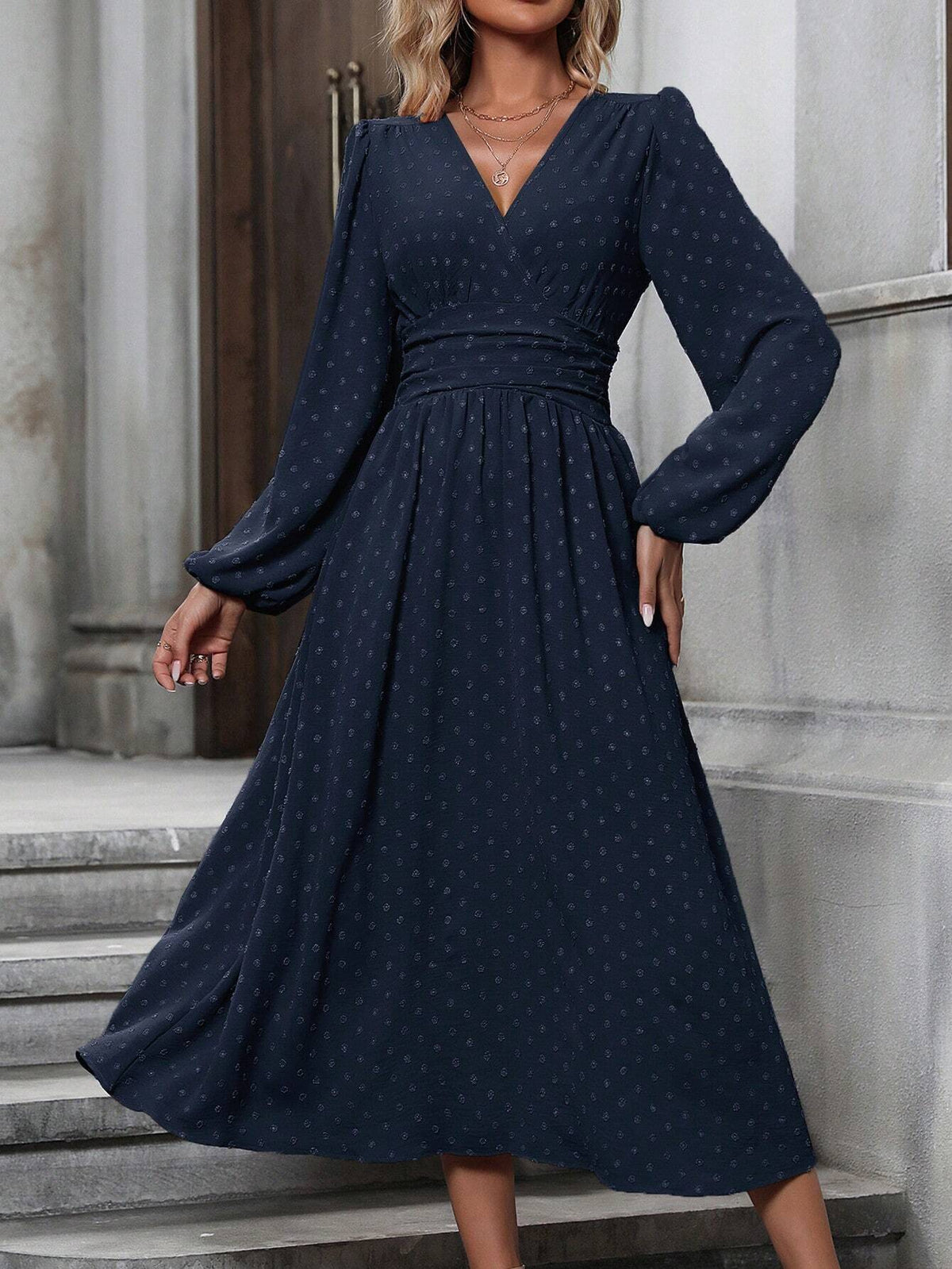 Pleated-Waist Lantern-Sleeve Maxi Dress