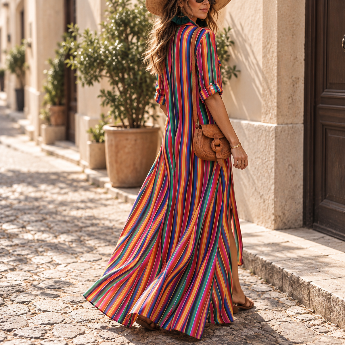 Striped A-Line Maxi Shirt Dress