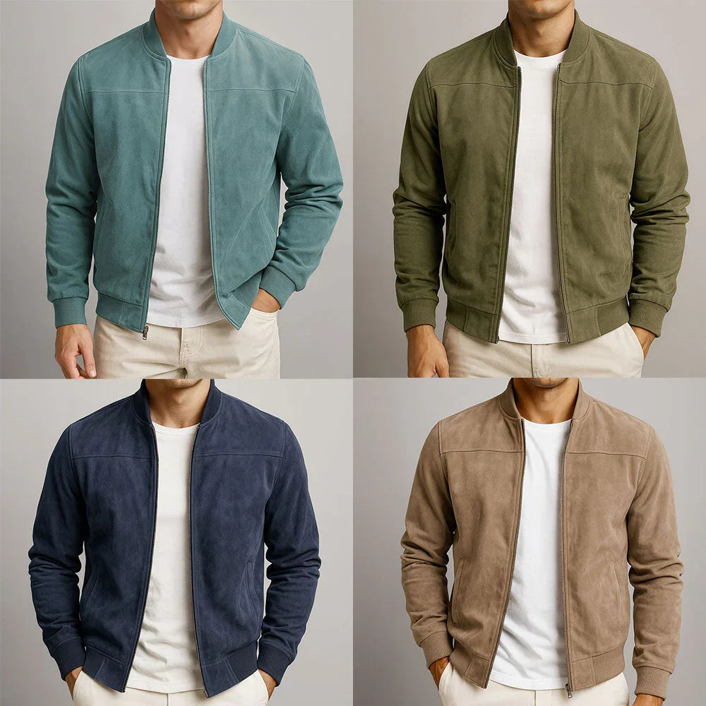 Suede Zip-Front Bomber Jacket