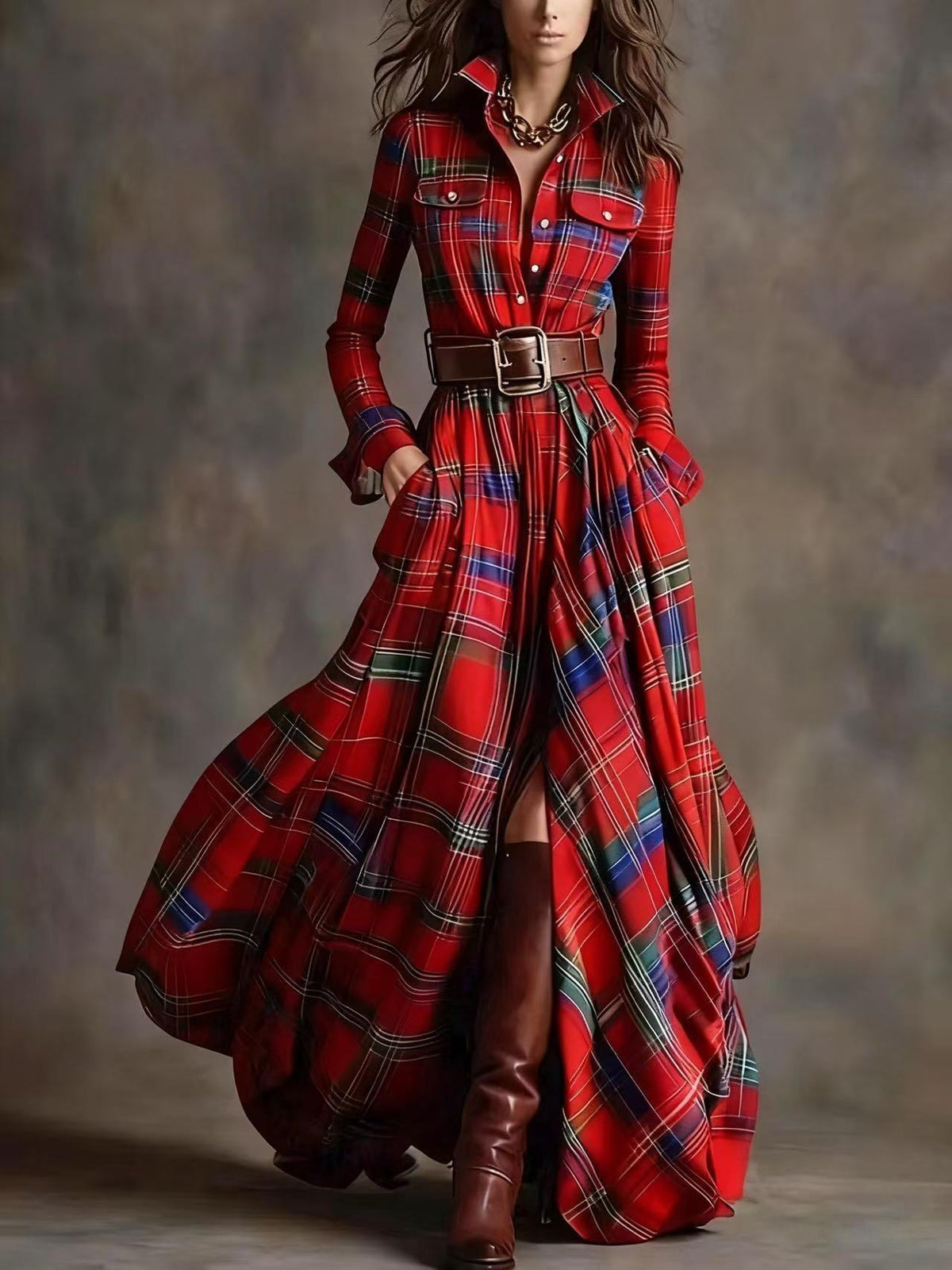 Asymmetric Plaid Long Dress
