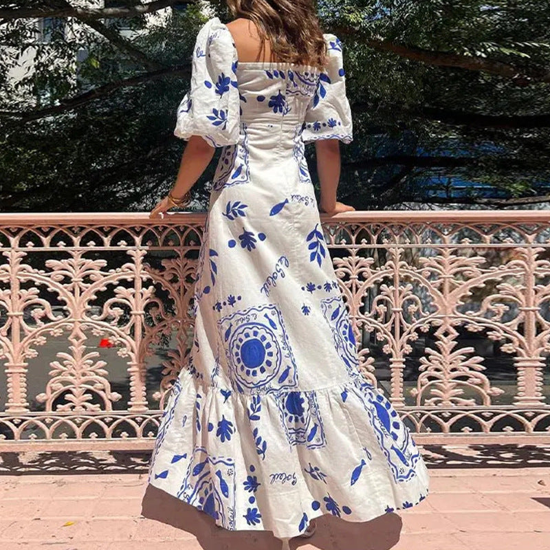 Floral Square-Neck Puff-Sleeve Dress