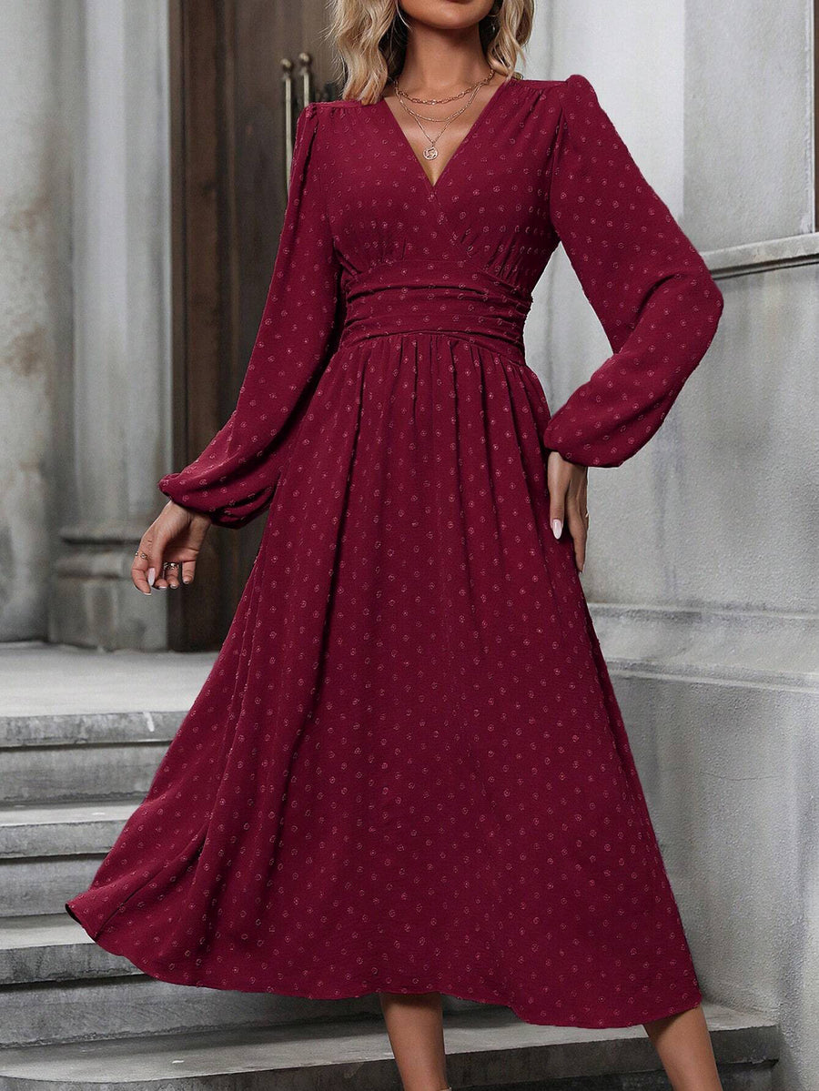 Pleated-Waist Lantern-Sleeve Maxi Dress