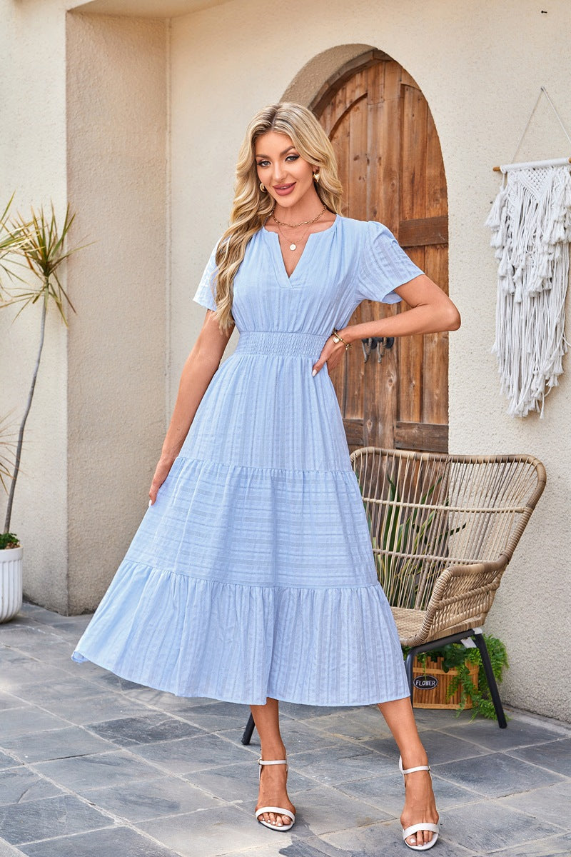 Cotton V-Neck Puff-Sleeve Maxi Dress
